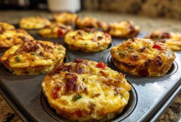 Close-up of freshly baked Keto Egg Muffins in a muffin tin, featuring bacon, red and green peppers.