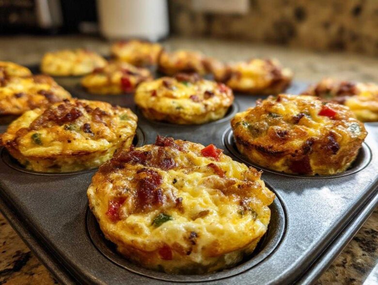 Close-up of freshly baked Keto Egg Muffins in a muffin tin, featuring bacon, red and green peppers.
