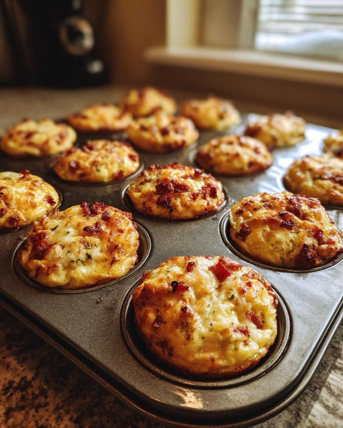 Close-up of golden-brown Keto Egg Muffins with visible bacon bits and herbs in a muffin tin.