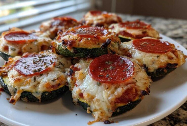 A plate of delicious Keto Zucchini Pizza Bites topped with melted cheese and pepperoni.
