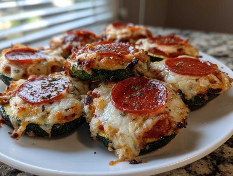 A plate of delicious Keto Zucchini Pizza Bites topped with melted cheese and pepperoni.