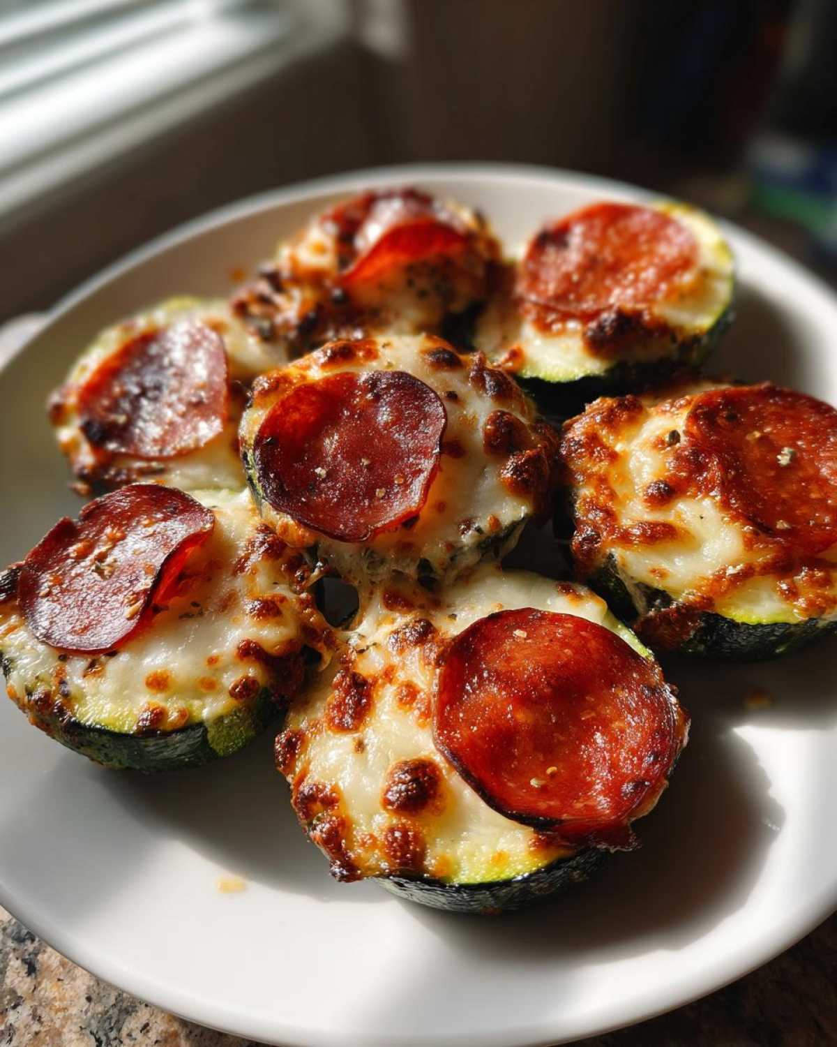 Close-up of delicious Keto Zucchini Pizza Bites topped with melted cheese and pepperoni.