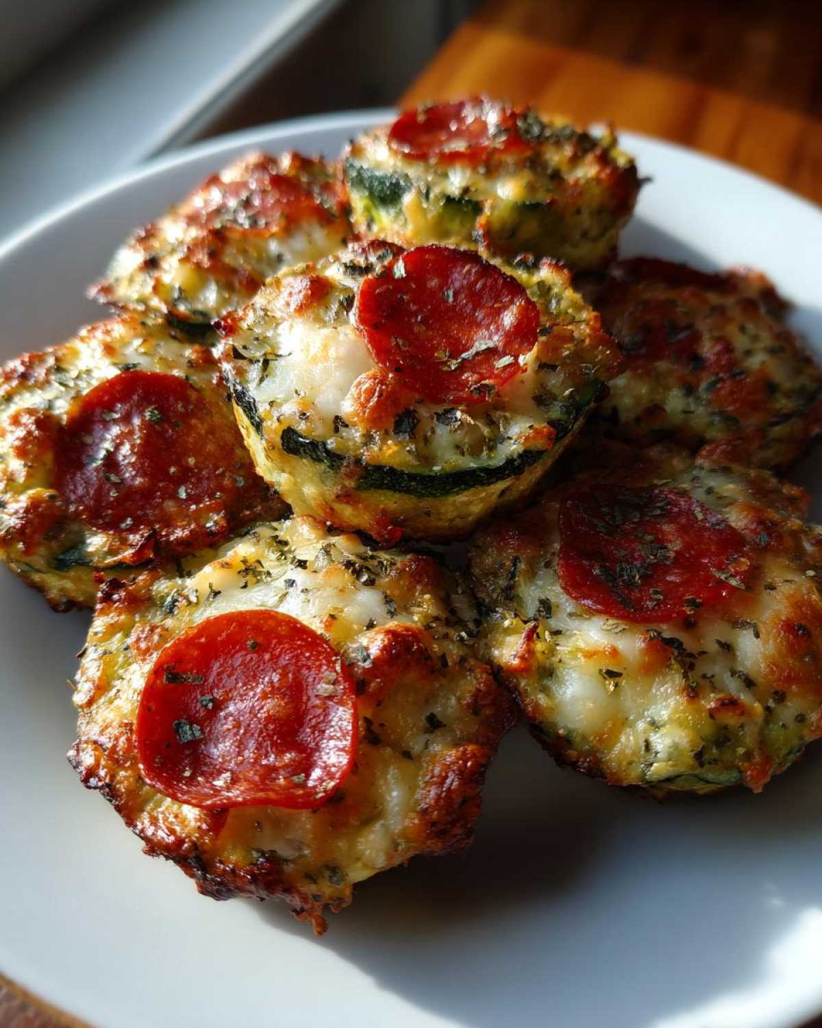 A close-up of several golden-brown Keto Zucchini Pizza Bites topped with pepperoni and herbs on a white plate.