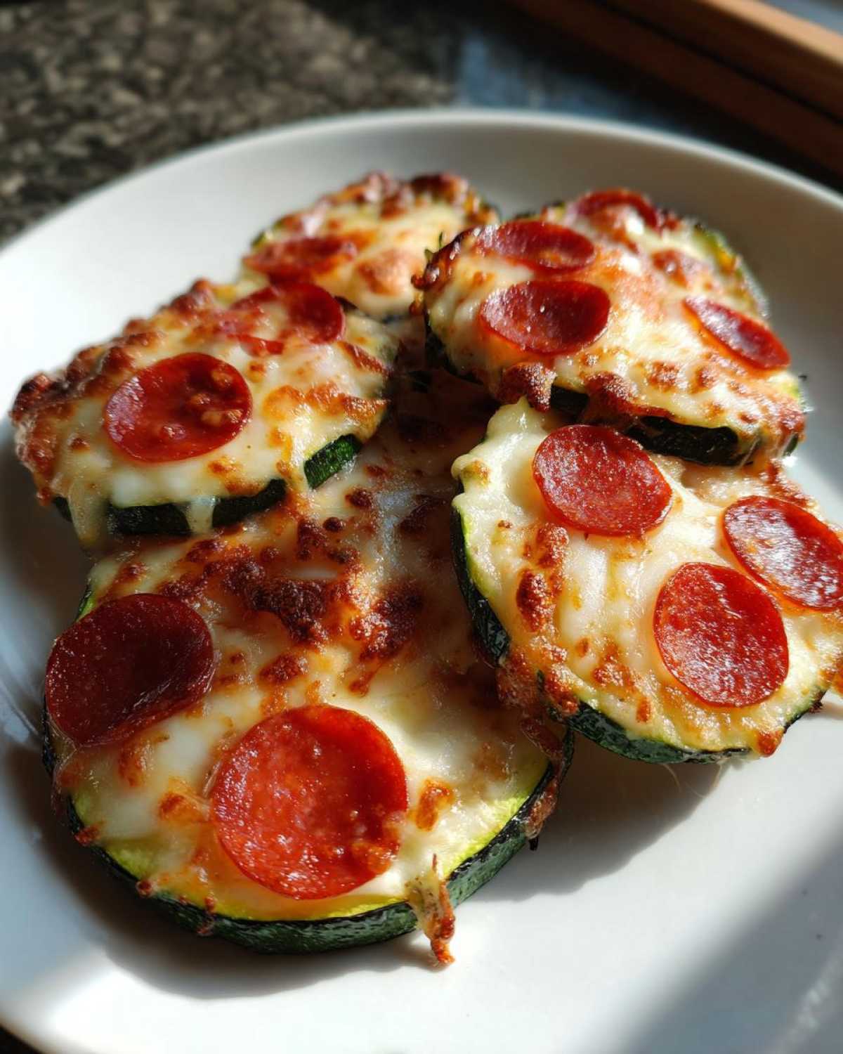 Close-up of delicious Keto Zucchini Pizza Bites topped with melted cheese and pepperoni slices on a white plate.