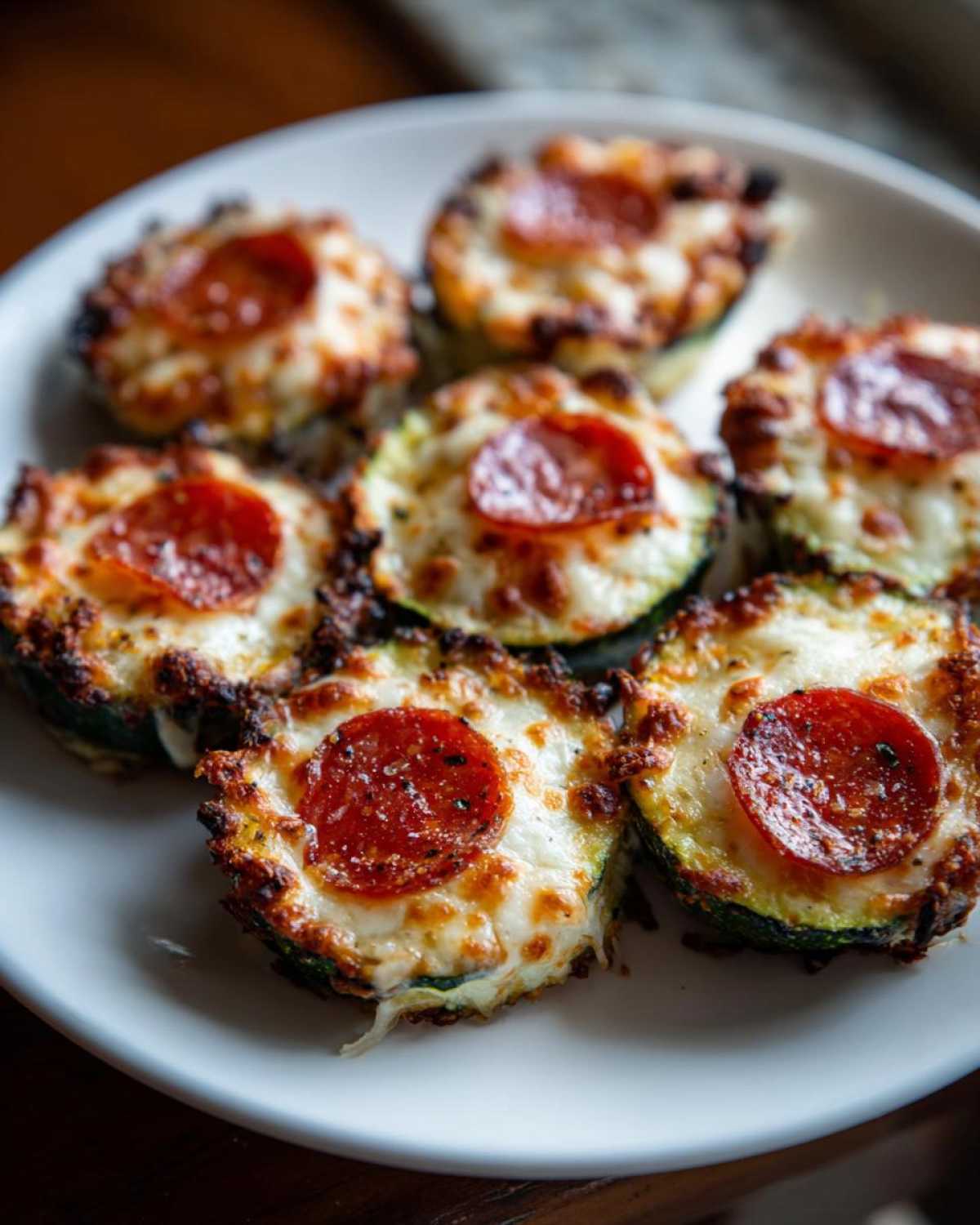 A close-up of several Keto Zucchini Pizza Bites topped with melted cheese and pepperoni slices on a white plate.