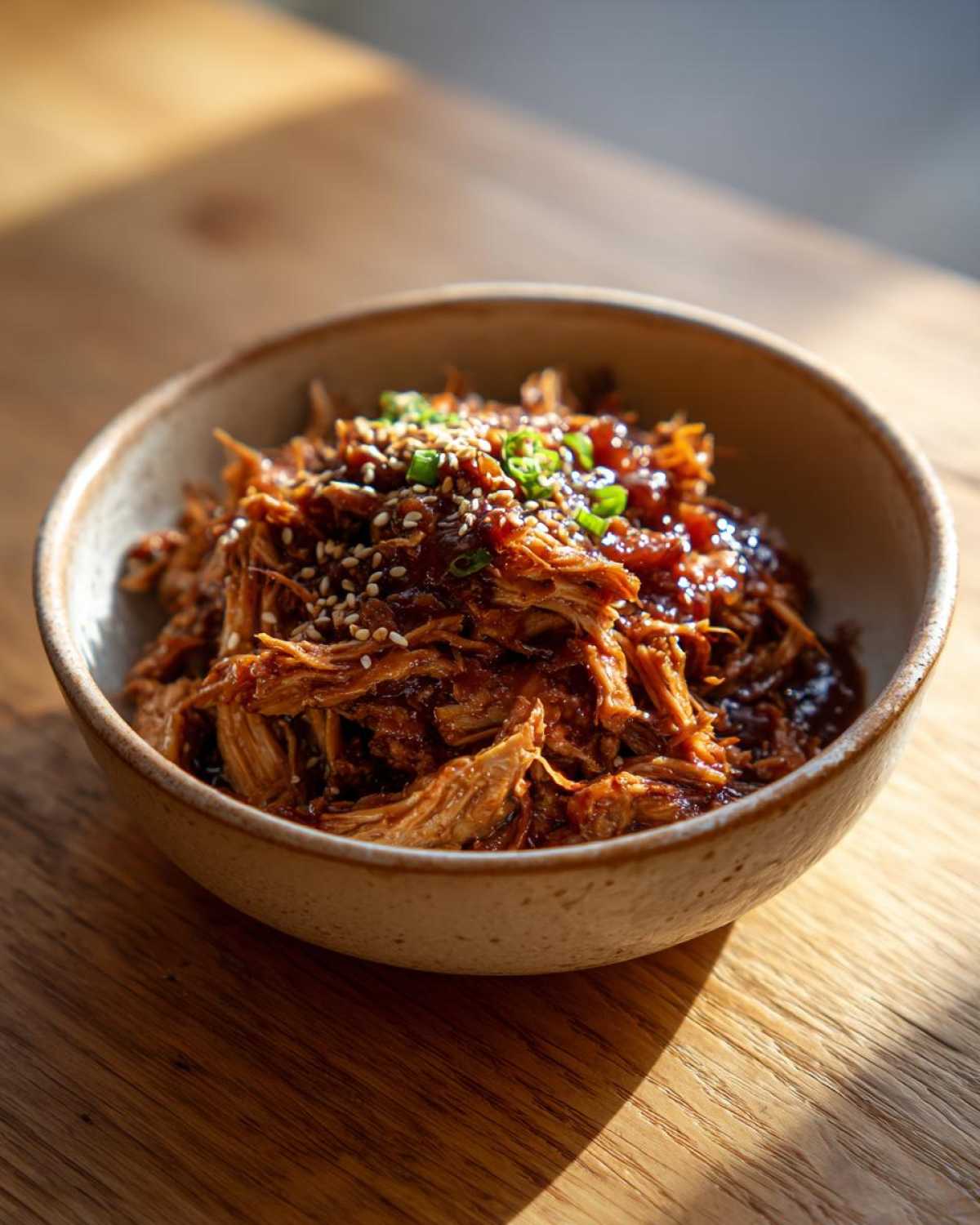 Close-up of a bowl filled with savory Korean BBQ Jackfruit (Vegan), garnished with sesame seeds and green onions.