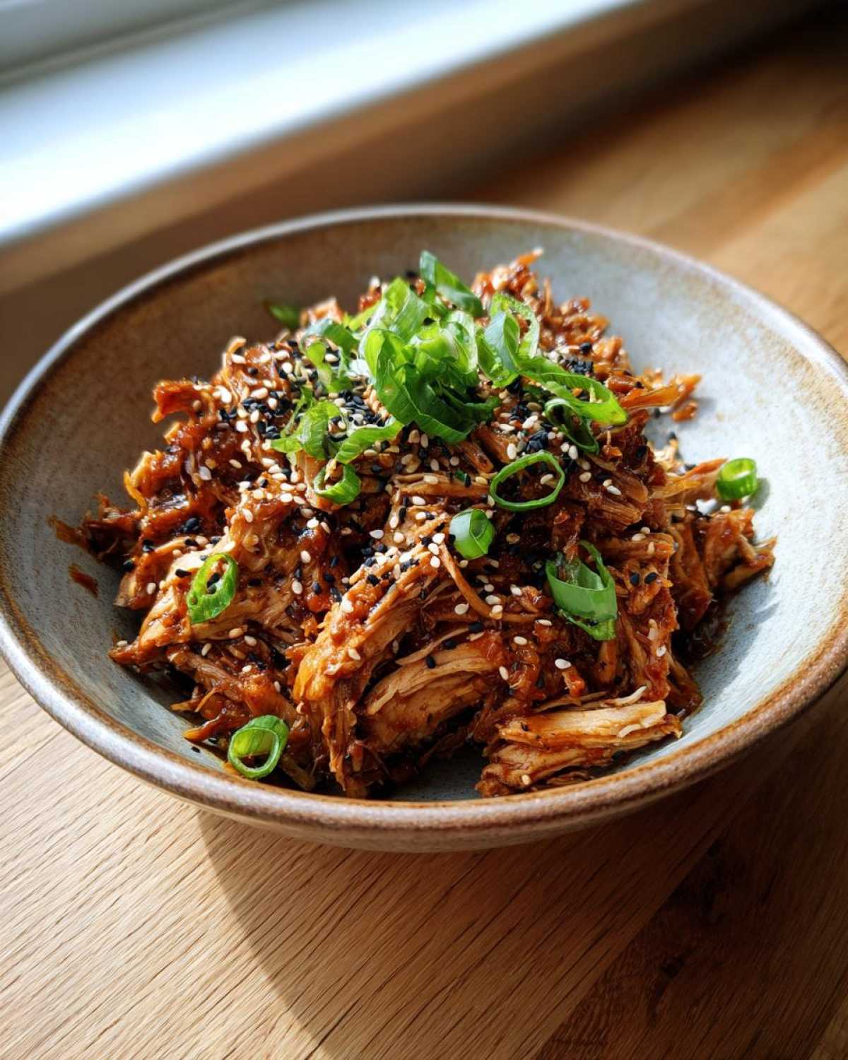 A close-up of a bowl filled with shredded Korean BBQ Jackfruit (Vegan), topped with sesame seeds and green onions.