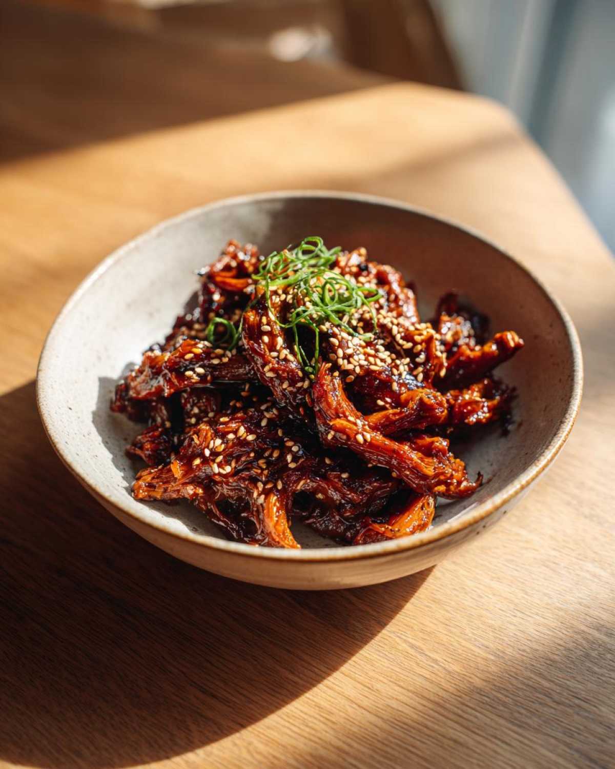Close-up of delicious Korean BBQ Jackfruit (Vegan) in a bowl, garnished with sesame seeds and green onions.