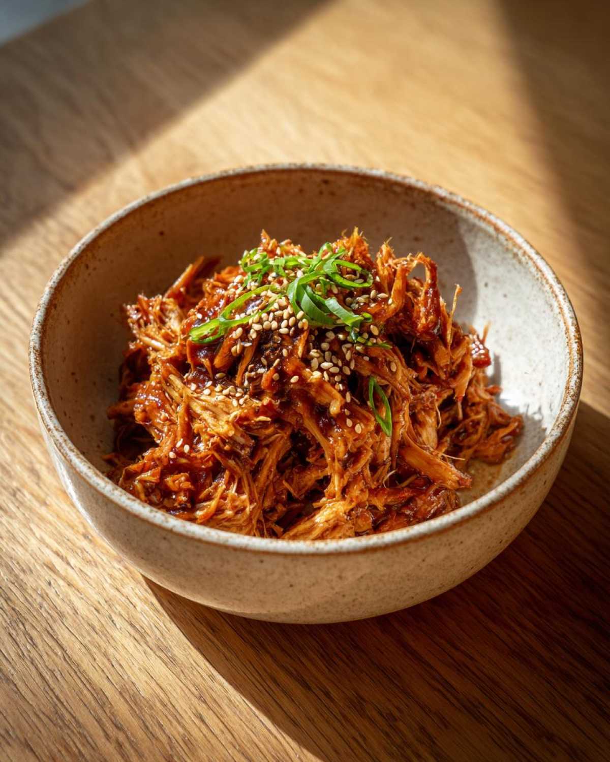 A bowl of savory Korean BBQ Jackfruit (Vegan) topped with sesame seeds and green onions.