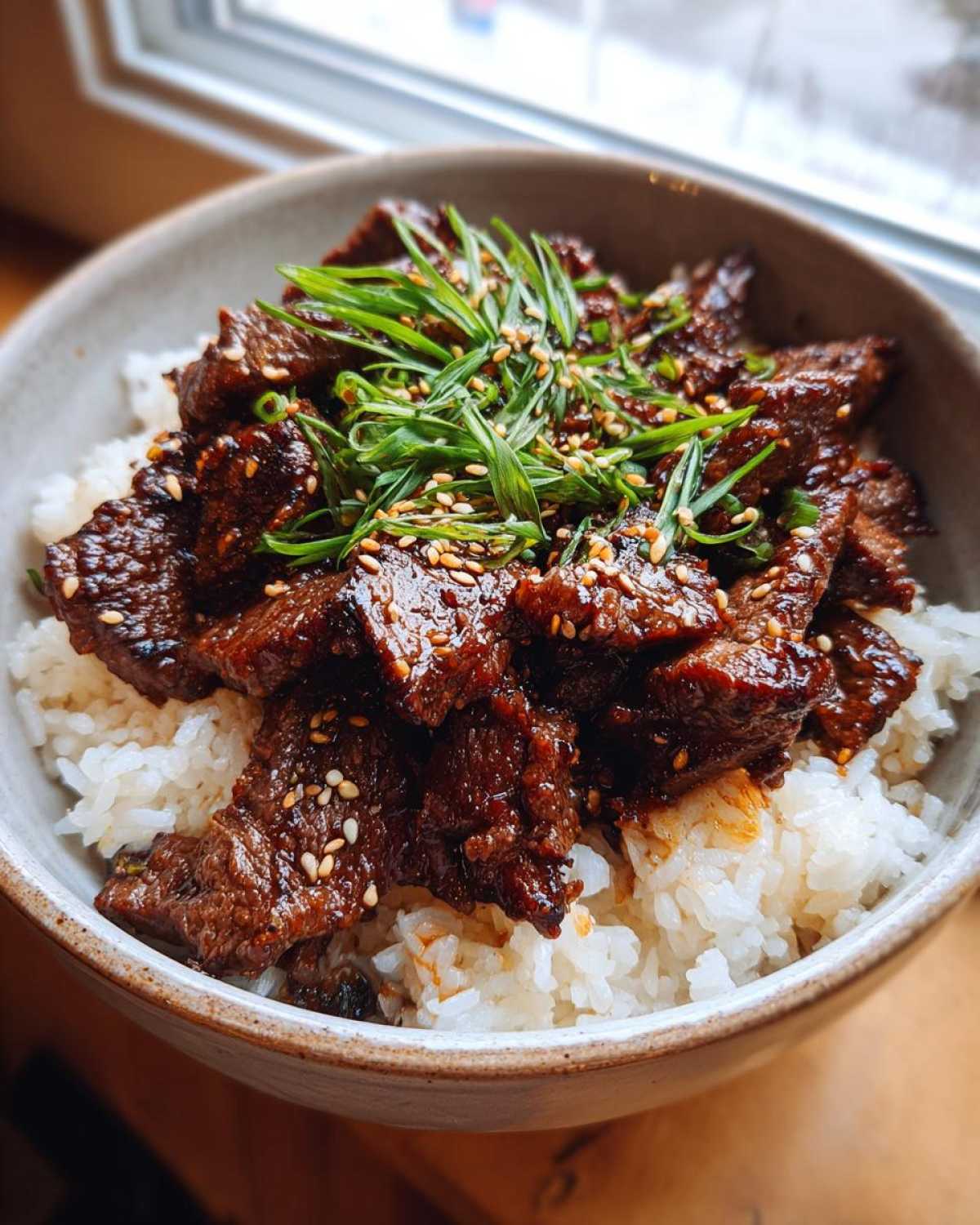 A close-up of a Korean Beef Bowl (Bulgogi) with tender marinated beef over white rice, garnished with green onions and sesame seeds.