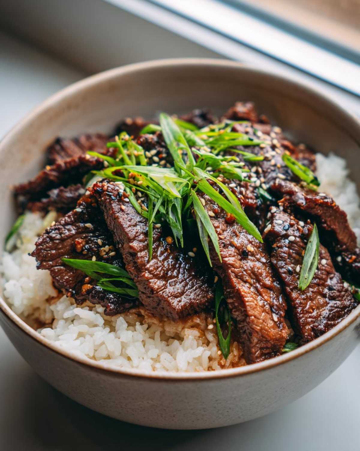 A close-up of a Korean Beef Bowl (Bulgogi) with tender slices of marinated beef over fluffy white rice, garnished with green onions and sesame seeds.