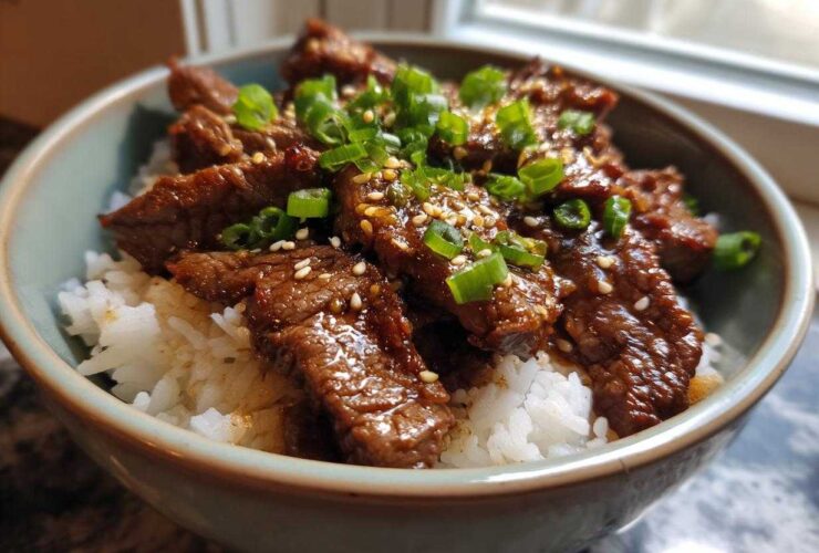 A close-up of a Korean Beef Bowl (Bulgogi) with tender marinated beef slices over white rice, topped with sesame seeds and chopped green onions.