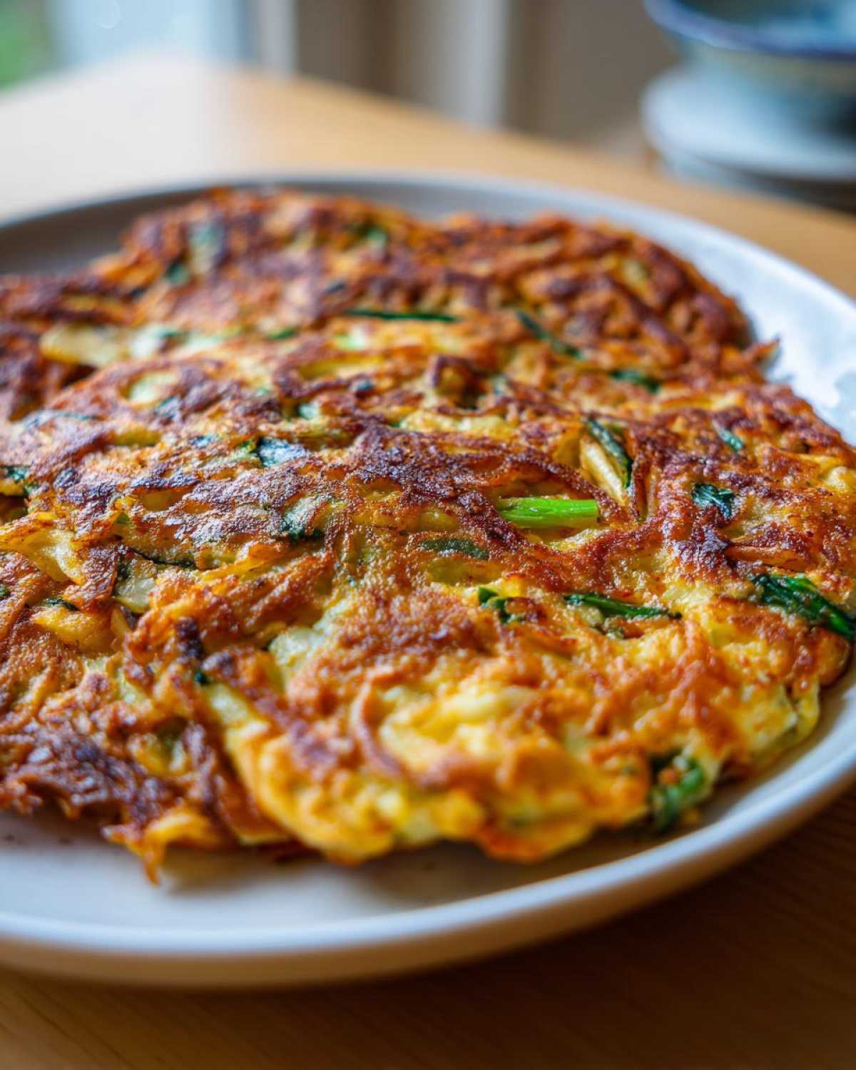 Close-up of golden-brown, crispy Korean Kimchi Pancakes (Pajeon) served on a white plate, showcasing green scallions.