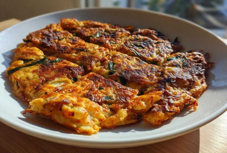 A close-up of golden-brown Korean Kimchi Pancakes (Pajeon) arranged on a white plate, showcasing their crispy edges and green scallions.