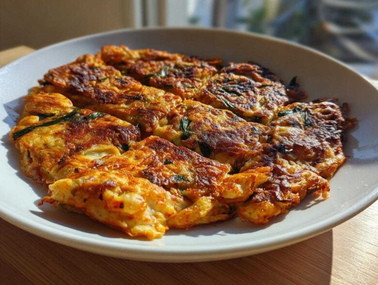 A close-up of golden-brown Korean Kimchi Pancakes (Pajeon) arranged on a white plate, showcasing their crispy edges and green scallions.