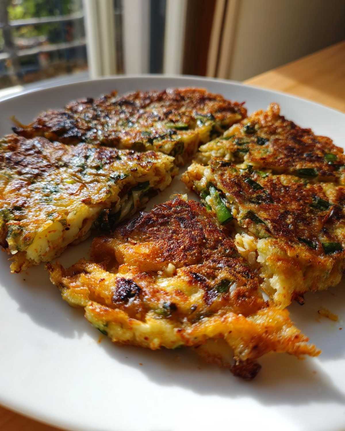 Close-up of crispy Korean Kimchi Pancakes (Pajeon) cut into slices on a white plate.