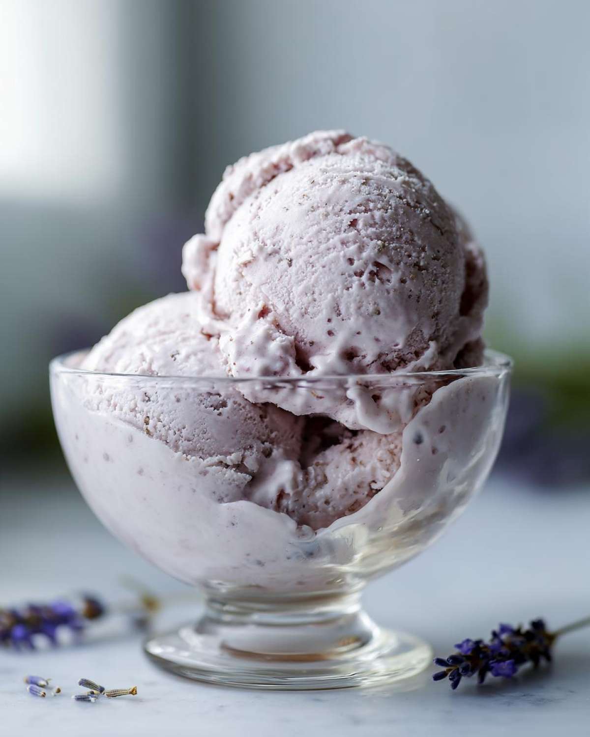 Close-up of three scoops of pale pink Lavender Honey Ice Cream in a clear glass bowl, with lavender sprigs in the background.