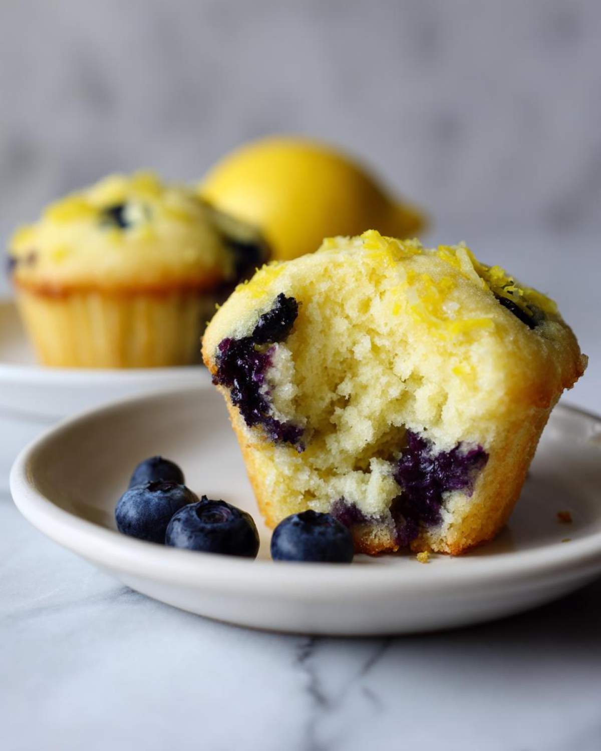 Close-up of a perfect lemon blueberry muffin with a bite taken out, showing blueberries and lemon zest.
