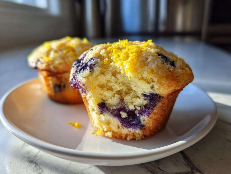 Close-up of a perfect lemon blueberry muffin, split open to reveal blueberries and topped with lemon zest.