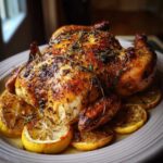 A whole Lemon Thyme Roasted Chicken, golden brown and glistening, served with roasted lemon slices and fresh thyme sprigs.