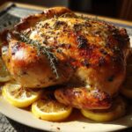 A perfectly roasted whole chicken, golden brown and glistening, seasoned with herbs and surrounded by lemon slices.