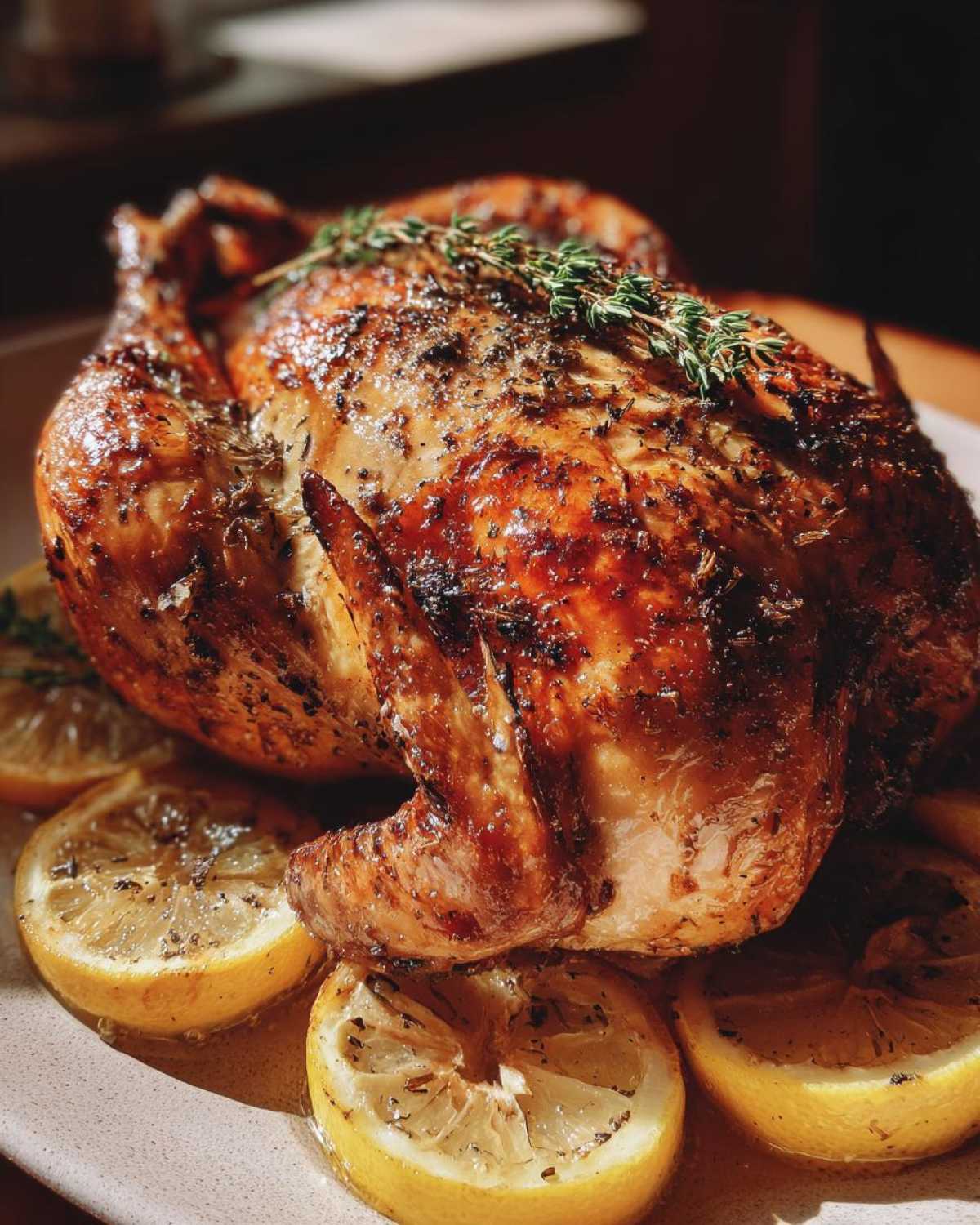 A whole Lemon Thyme Roasted Chicken garnished with fresh thyme and surrounded by roasted lemon slices.