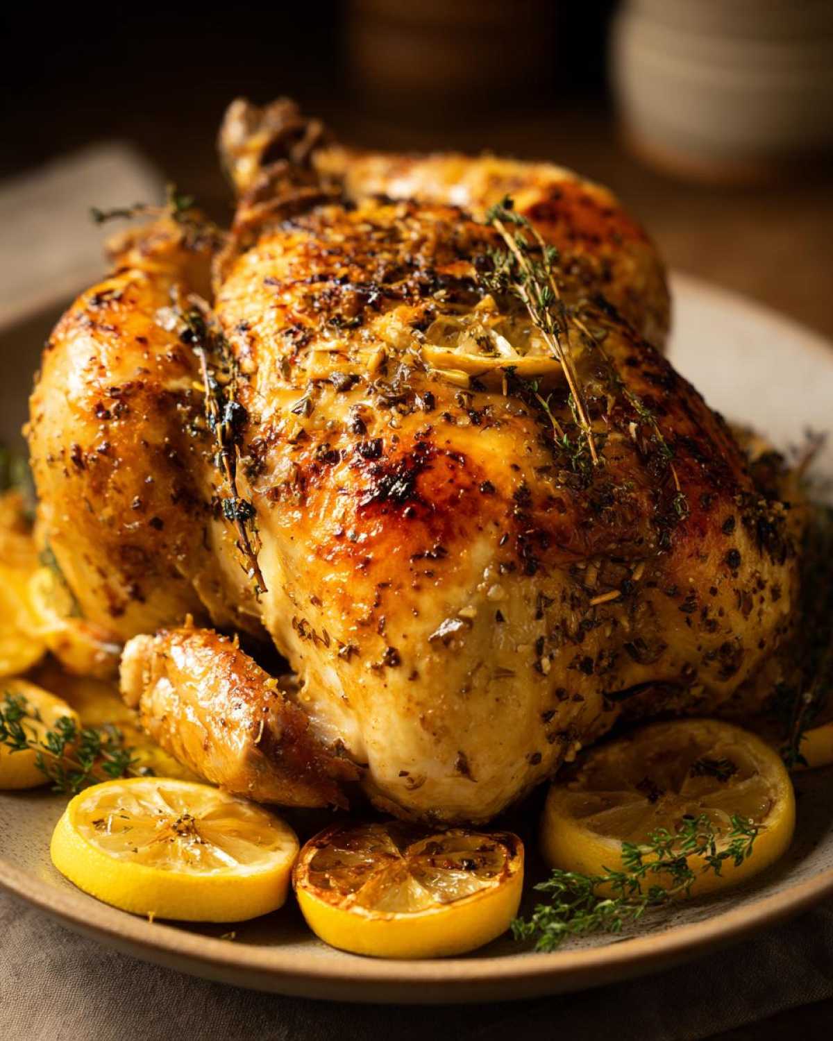 A whole, golden brown Lemon Thyme Roasted Chicken is served on a plate with roasted lemon slices and fresh thyme sprigs.