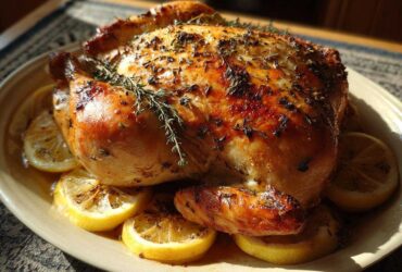 A perfectly roasted whole chicken, golden brown and glistening, seasoned with herbs and surrounded by lemon slices.