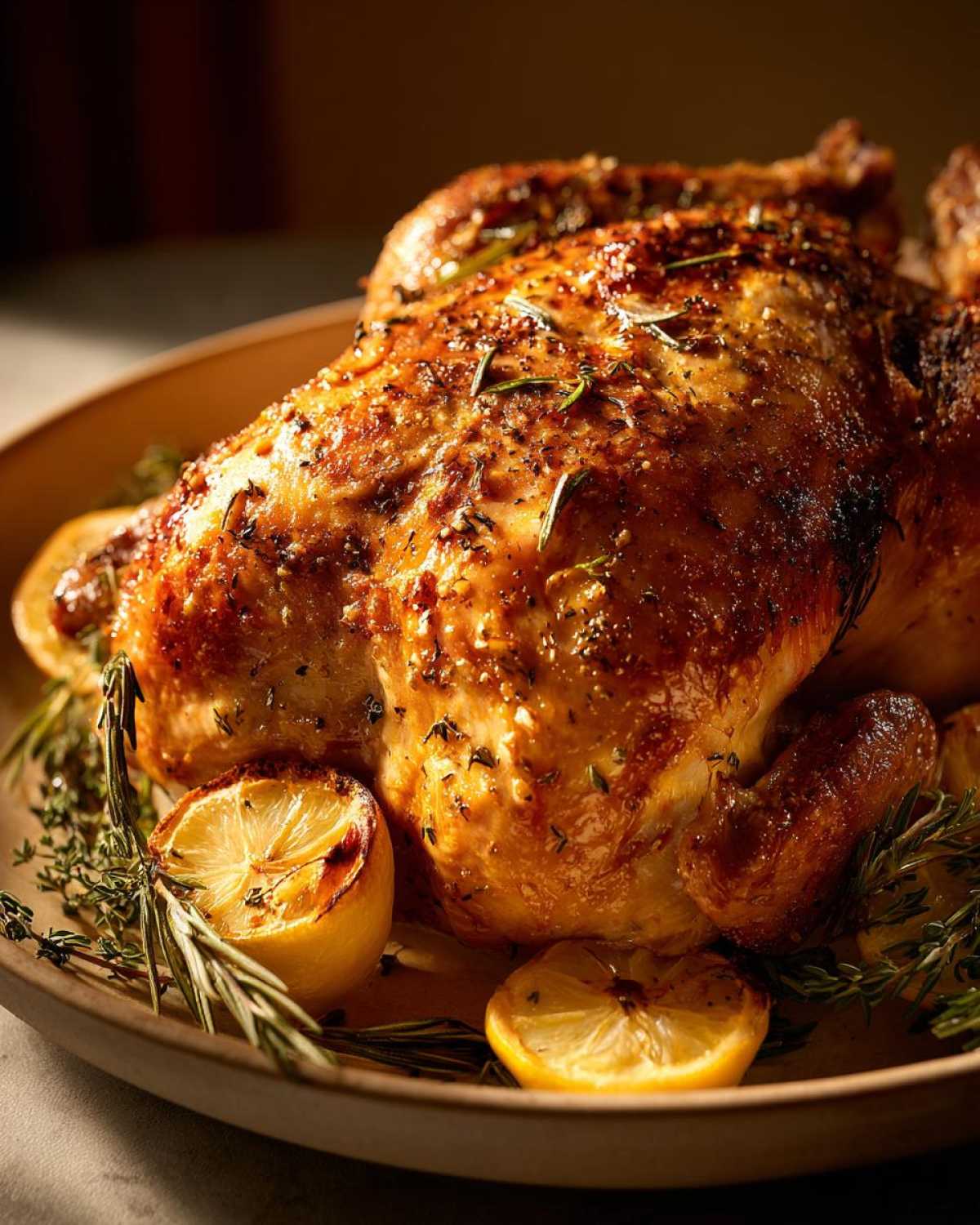 A perfectly roasted whole chicken with crispy golden skin, garnished with lemon slices and fresh thyme sprigs.