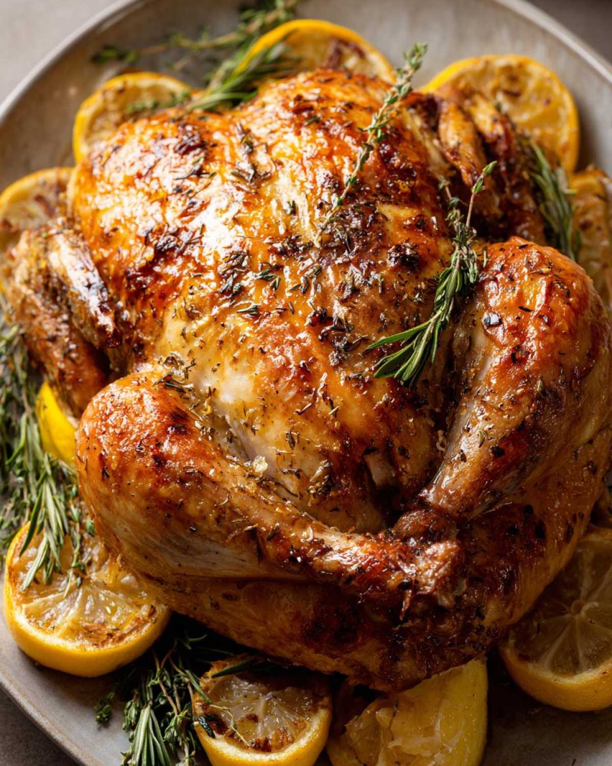 A beautifully golden brown Lemon Thyme Roasted Chicken, garnished with fresh lemon slices and herbs, ready to serve.