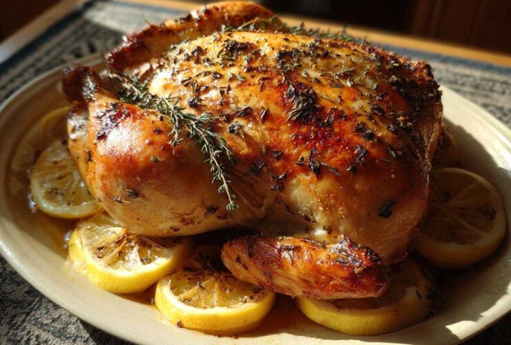 A perfectly roasted whole chicken, golden brown and glistening, seasoned with herbs and surrounded by lemon slices.