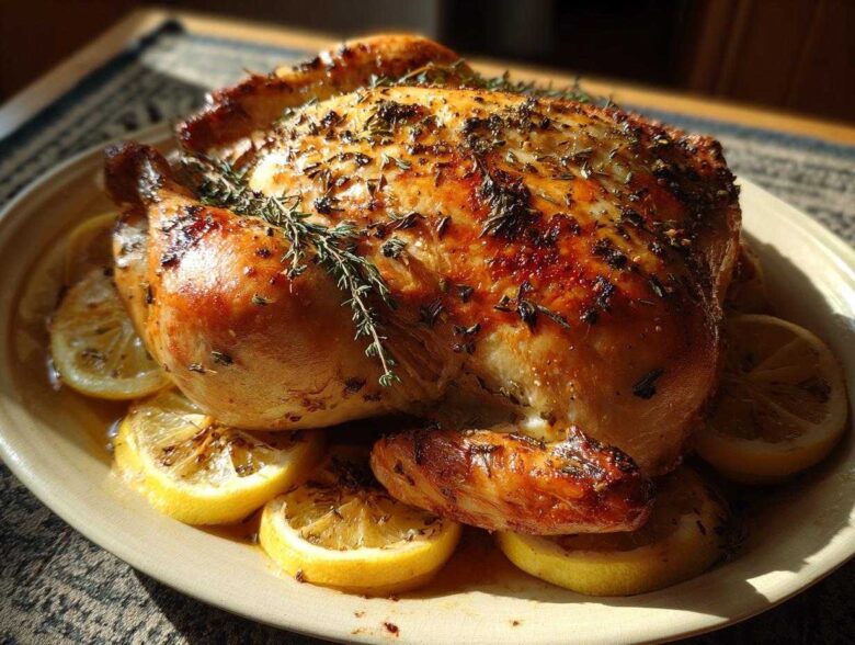 A perfectly roasted whole chicken, golden brown and glistening, seasoned with herbs and surrounded by lemon slices.