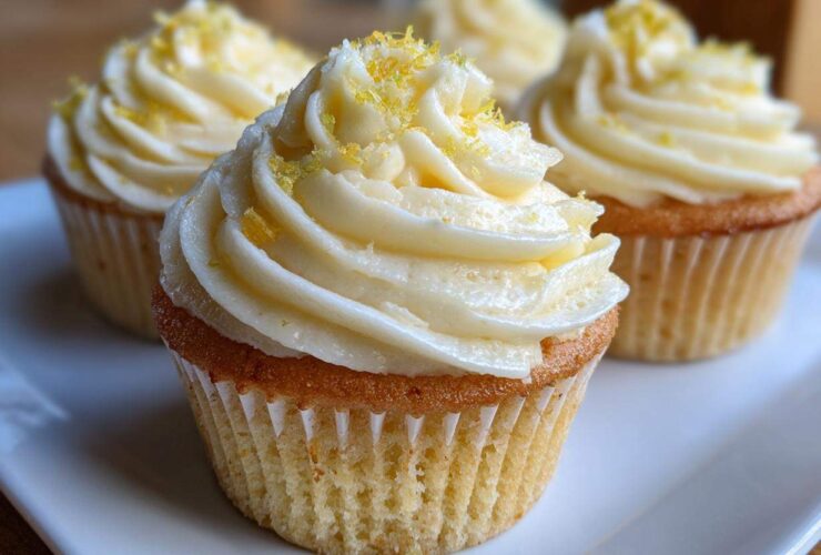 Close-up of a plate with four Lemon Vanilla Cupcakes, topped with creamy white frosting and lemon zest.