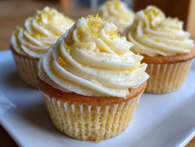 Close-up of a plate with four Lemon Vanilla Cupcakes, topped with creamy white frosting and lemon zest.