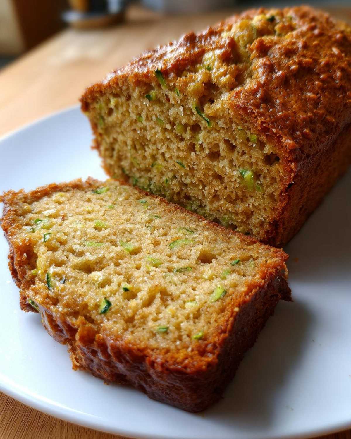 A close-up of a slice of moist Lemon Zucchini Bread on a white plate, showing the tender crumb and green zucchini flecks.