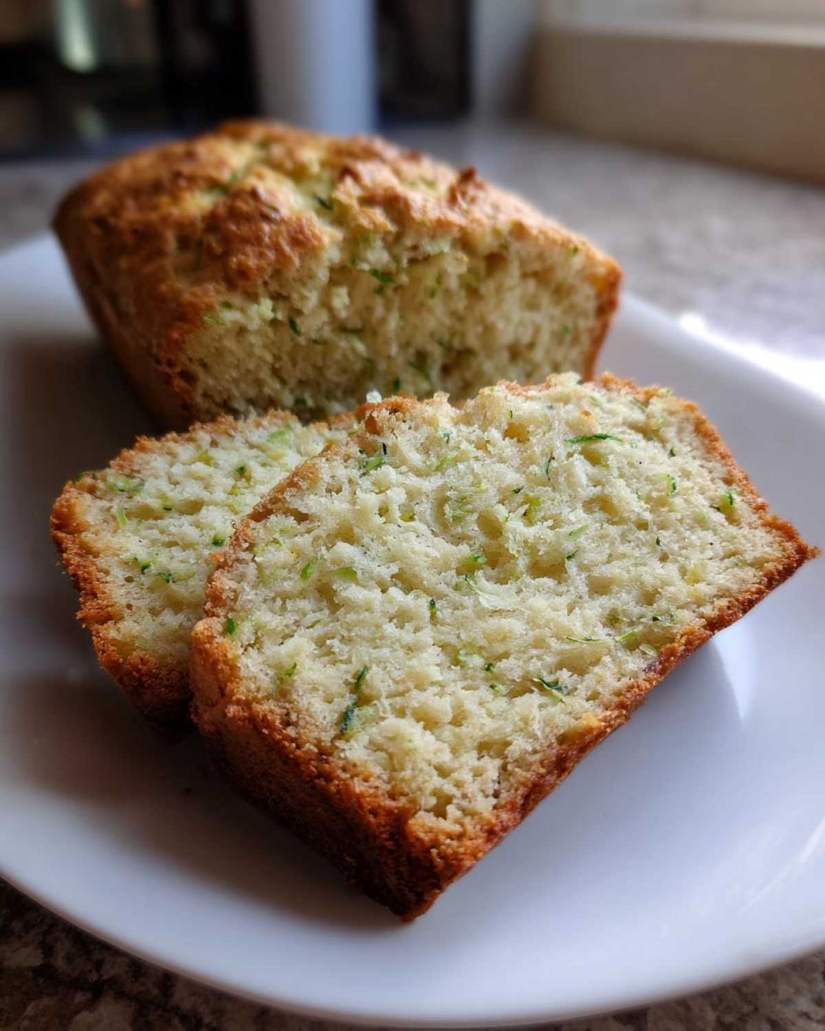 Close-up of two slices of moist Lemon Zucchini Bread on a white plate, showing the tender crumb and green zucchini flecks.