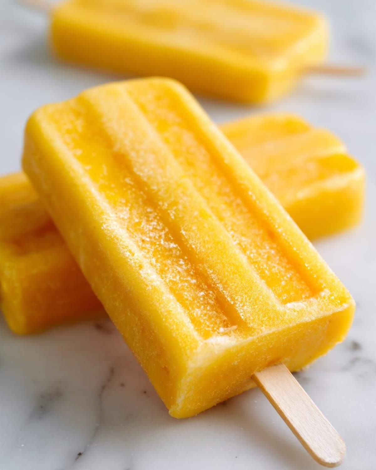 Close-up of vibrant yellow Mango Lassi Popsicles on a white marble surface, with more popsicles blurred in the background.
