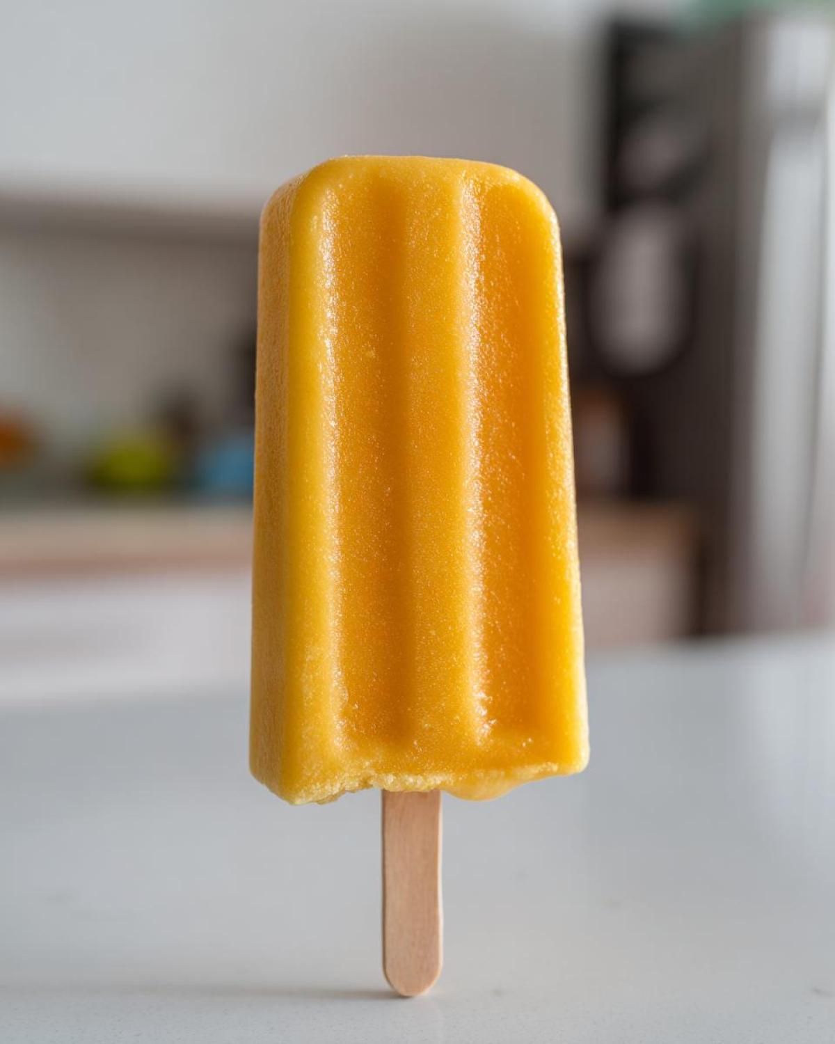 A close-up of a bright orange Mango Lassi Popsicle on a wooden stick, ready to be enjoyed.