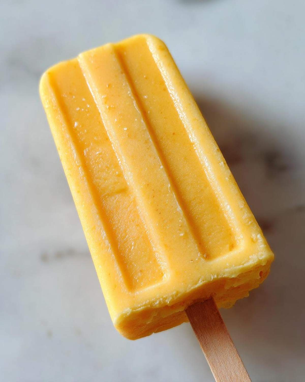 A close-up of a vibrant orange Mango Lassi Popsicle on a wooden stick, showcasing its frozen texture.