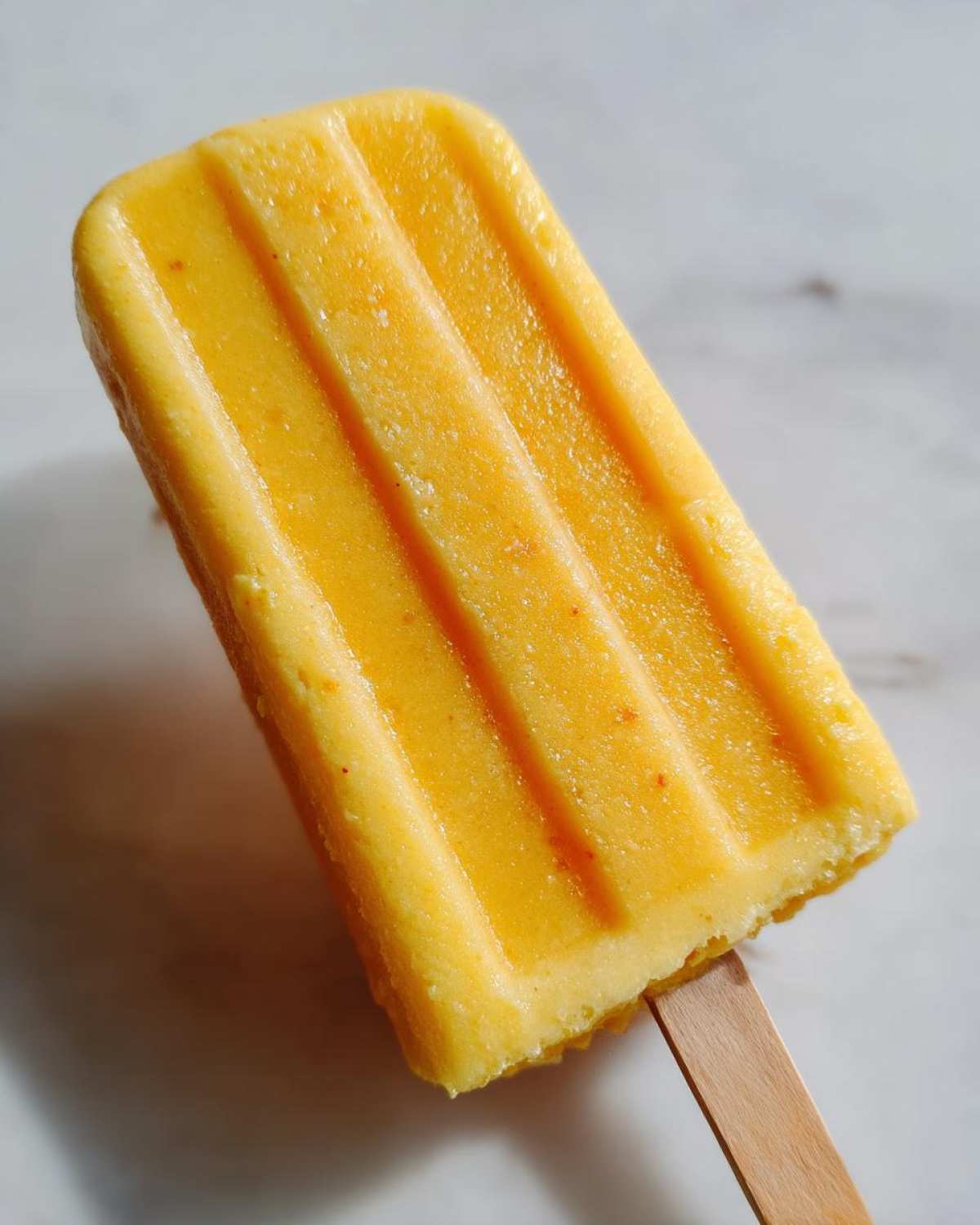 A close-up of a bright yellow Mango Lassi Popsicle on a wooden stick, showcasing its textured surface.