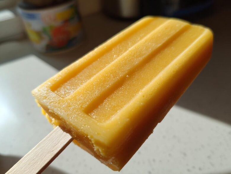 Close-up of a bright orange Mango Lassi Popsicle on a wooden stick, showing its textured surface.