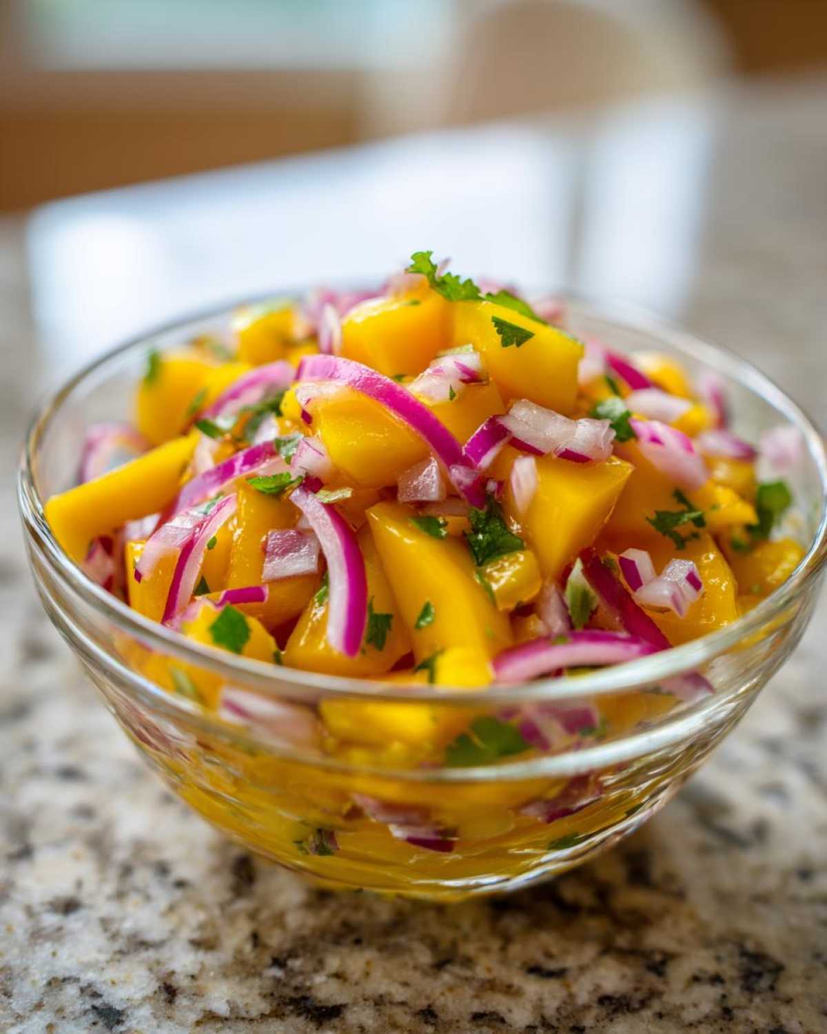 A close-up of a glass bowl filled with vibrant Mango Mango Salad, featuring diced ripe mangoes, red onion, and fresh cilantro.