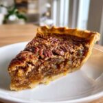 A delicious slice of Maple Butter Bourbon Pecan Pie on a white plate, showcasing the gooey filling and pecan topping.