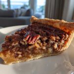 A delicious slice of Maple Butter Bourbon Pecan Pie on a white plate, showcasing a flaky crust and rich filling with whole pecans.