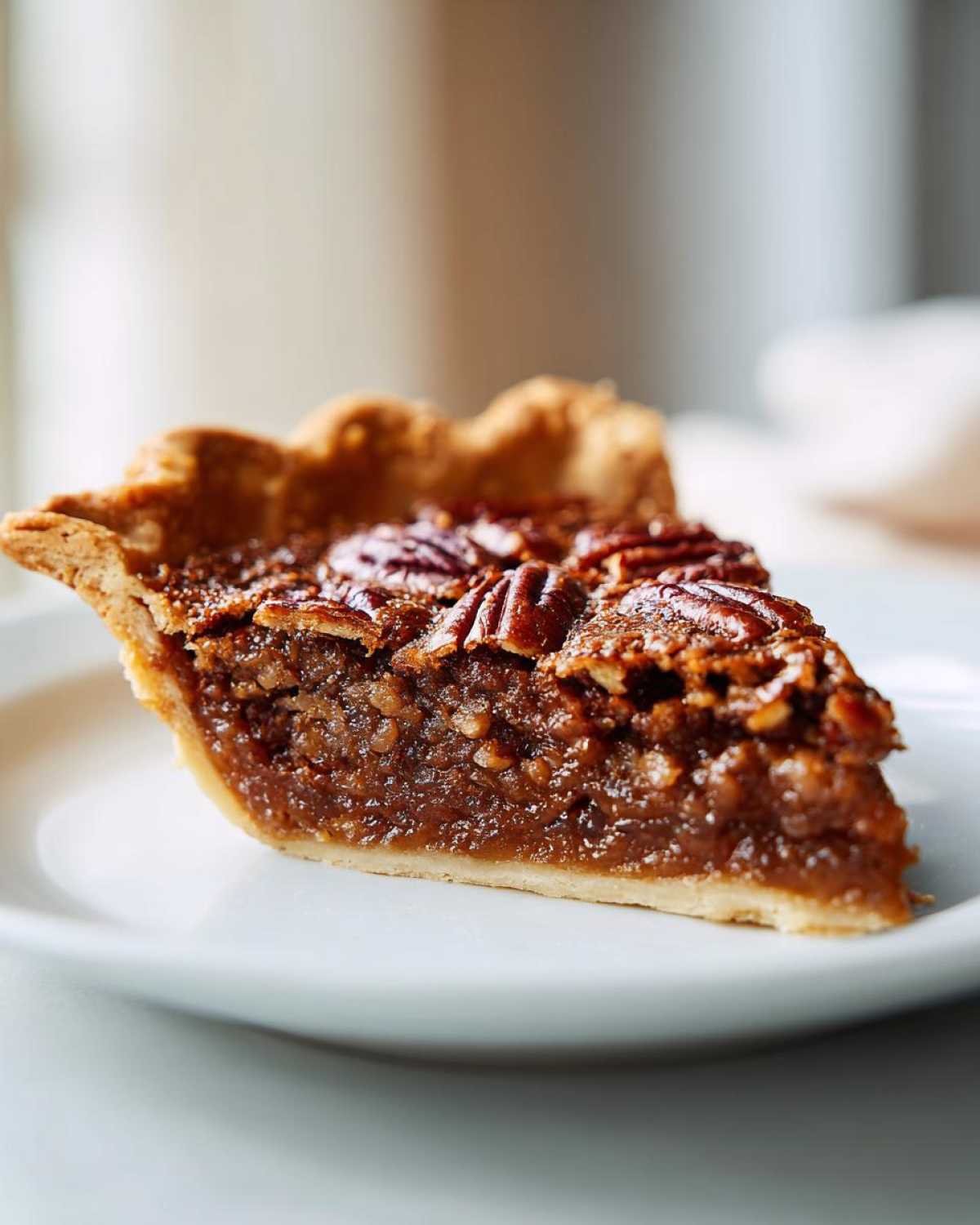 A delicious slice of Maple Butter Bourbon Pecan Pie on a white plate, showcasing the rich filling and pecan topping.