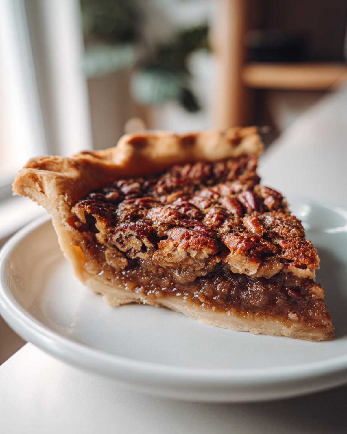 A delicious slice of Maple Butter Bourbon Pecan Pie on a white plate, showcasing the flaky crust and rich filling.