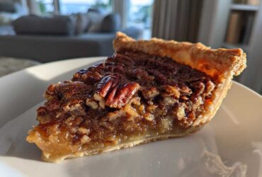 A delicious slice of Maple Butter Bourbon Pecan Pie on a white plate, showcasing a flaky crust and rich filling with whole pecans.
