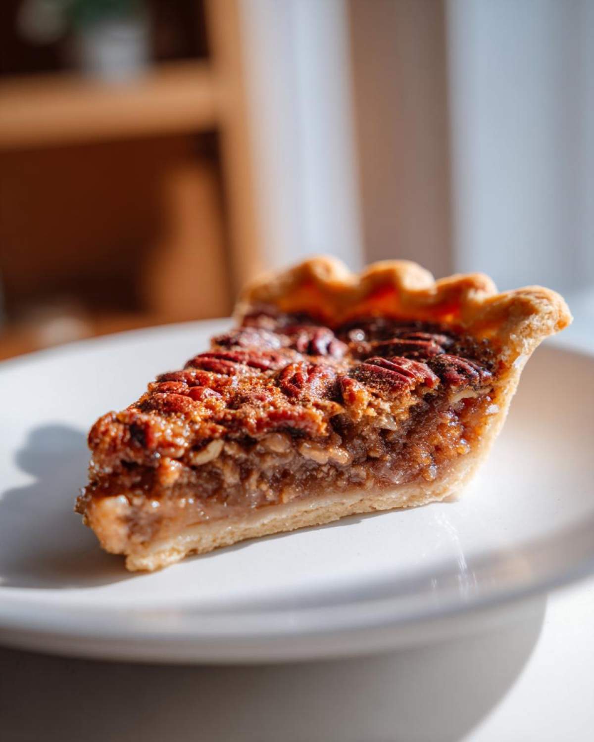 A close-up of a delicious slice of Maple Butter Bourbon Pecan Pie on a white plate, showcasing the flaky crust and rich filling.