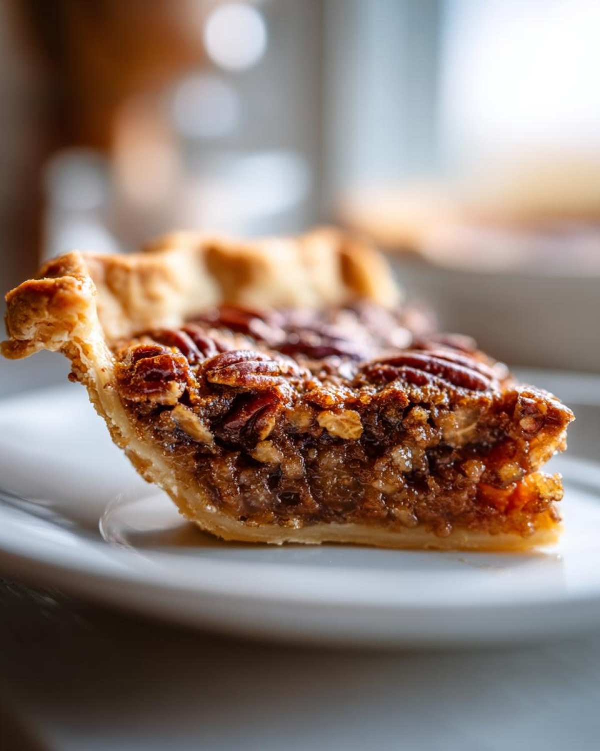 A close-up shot of a delicious slice of Maple Butter Bourbon Pecan Pie on a white plate, showcasing the flaky crust and rich filling.