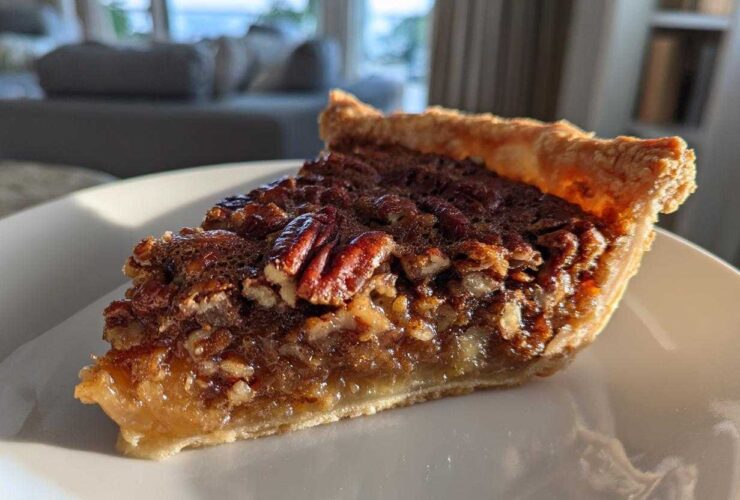 A delicious slice of Maple Butter Bourbon Pecan Pie on a white plate, showcasing a flaky crust and rich filling with whole pecans.
